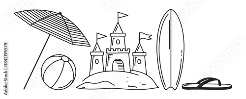 Summer beach essentials line art collection with umbrella sandcastle surfboard beach ball flip flops vector