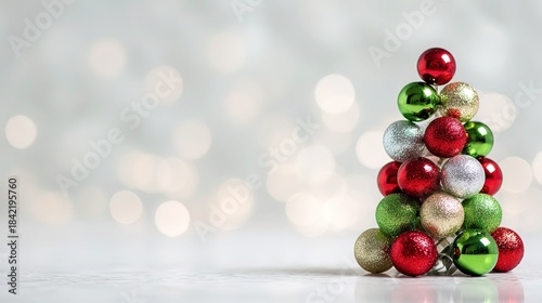 Abstract Christmas tree made of red, green, and silver balls on white bokeh background with copy space. Perfect for festive banners, greeting cards, social media posts