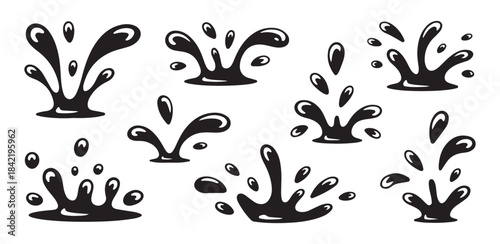 Set of ink or paint splashes isolated on white background, different shapes of liquid bursts and spatters