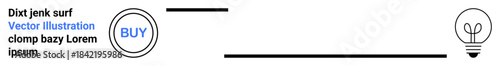 E-commerce, marketing campaigns, creativity, innovation, business solutions, user interface design. Circular buy button linked to thin lines leading to a lightbulb icon. E-commerce and marketing