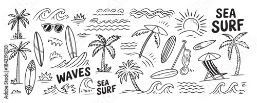 Hand drawn beach and surf doodles, summer vacation elements, tropical holiday travel vector collection