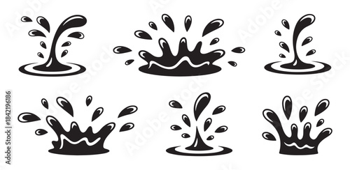 Black water splash icons set isolated on white background, liquid drop silhouette, ink blot and splatter collection