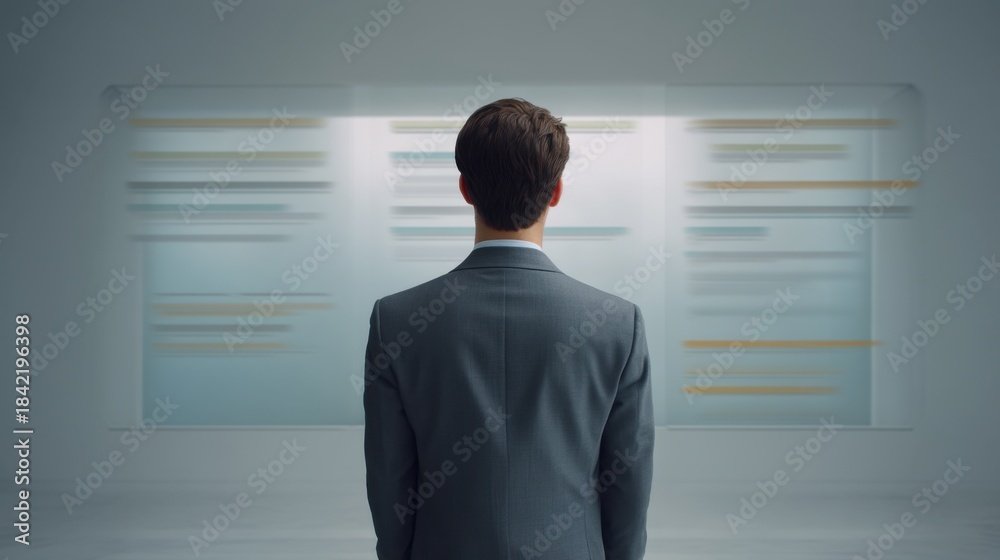 Fototapeta premium Professional man in suit looking at blurred digital information screens in a modern office environment, contemplating analytics and data insights effectively.