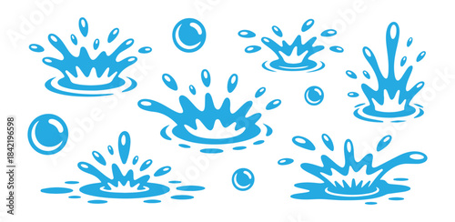 Blue water splash icons set isolated on white background, liquid drop silhouette, aqua blot and splatter collection