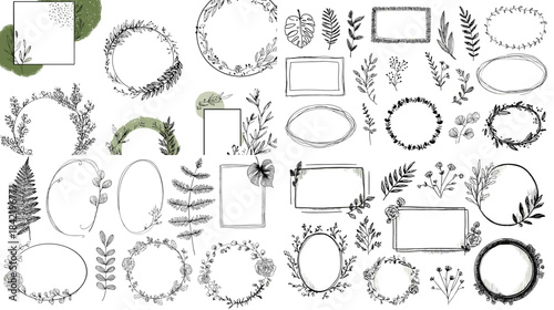 Botanical wreath and frame collection with hand drawn leaves branches and floral elements perfect for invitations stationery branding and elegant nature themed designs.