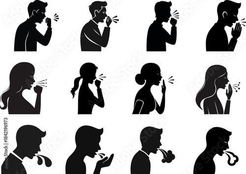 A set of solid silhouette icons illustrating common sickness symptoms, including fever, cough, sneeze, and body chills. Designed for medical, healthcare, and symptom-tracking visuals.