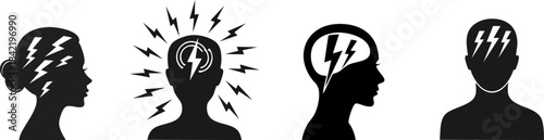 Pain and Discomfort Silhouette. The image features silhouettes of heads with lightning bolts, symbolizing thoughts, ideas, or mental energy.