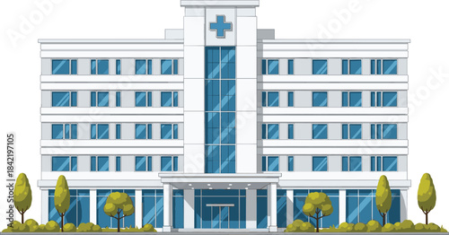 Modern hospital building exterior vector illustration featuring a large healthcare center with a prominent blue cross, surrounded by green trees and landscaping