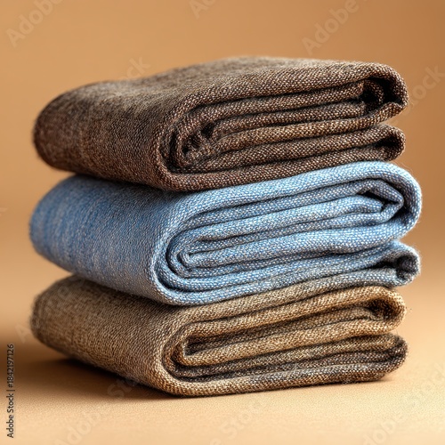 Three folded pairs of textured socks, two in brown and beige, one in light blue, stacked neatly on a sparkling beige surface with a warm, gradient background.