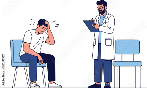 Flat Illustration of a Male Patient Experiencing Headache or Stress Consulting with Doctor, Highlighting Medical Diagnosis and Mental Health Treatment