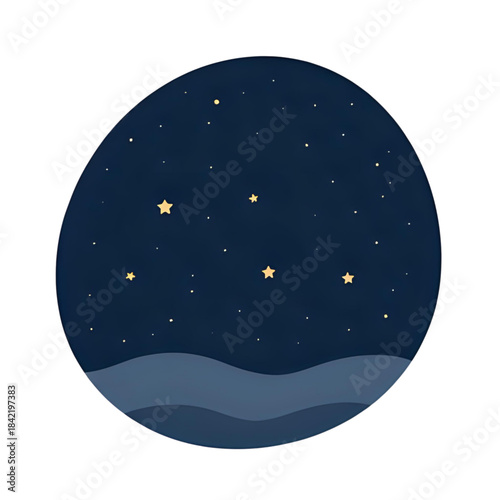 Minimalist vector illustration depicting a serene night sky filled with twinkling stars above a gentle, layered landscape, conveying a peaceful and wondrous celestial vista