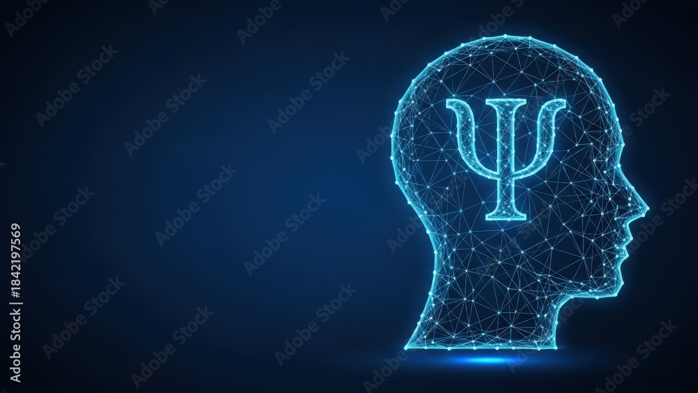 Obraz premium Abstract glowing digital human head with psychology symbol representing mental health and therapy concepts