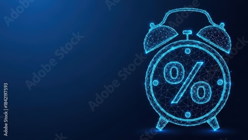 Digital alarm clock displays percentage symbol in glowing blue wireframe style