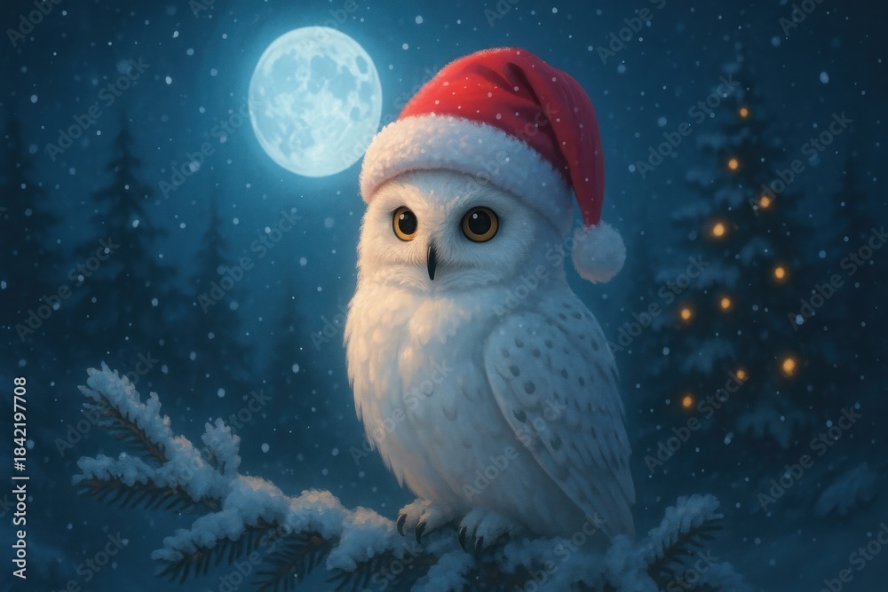 Obraz premium Festive owl under moonlight.