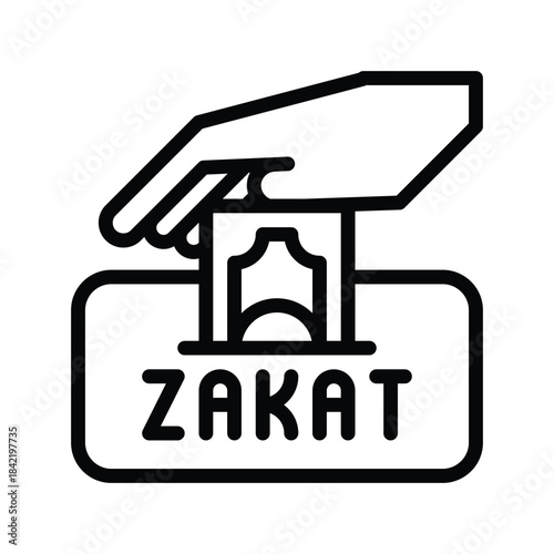 Icon representing Zakat donation, a hand inserting money into a slot labeled Zakat, symbolizing Islamic charity and giving.