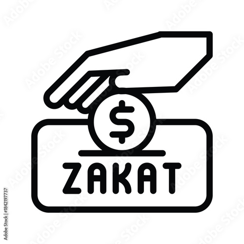 Illustration of a hand dropping a coin with a dollar sign into a box labeled ZAKAT, representing Islamic charity.