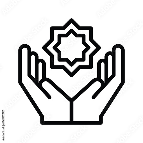 An icon representing open hands cupped upwards, holding a stylized geometric star or sacred symbol above them.