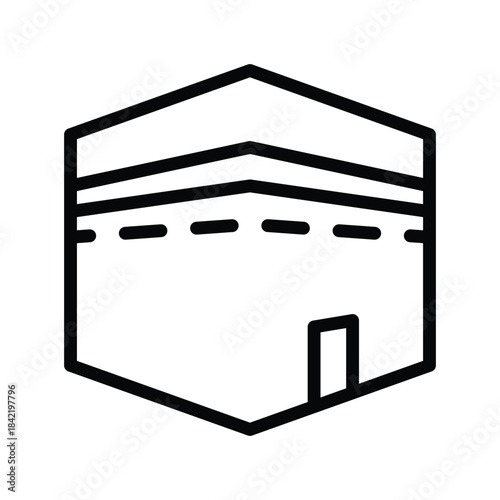 A minimalist line art icon representing the Kaaba, the cube-shaped building at the center of Islam's most important mosque, Masjid al-Haram in Mecca.