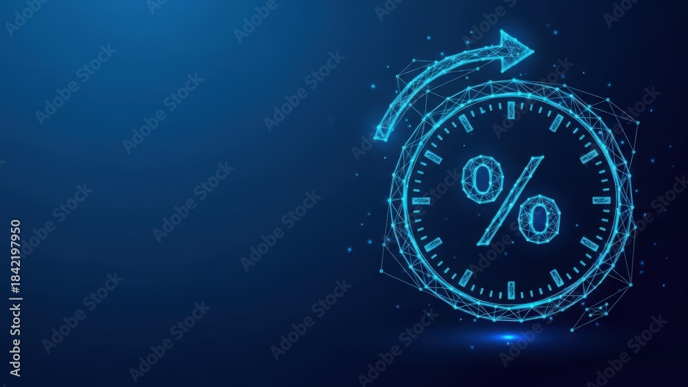 Fototapeta premium Financial growth concept represented by a digital clock with a percentage symbol and an upward arrow