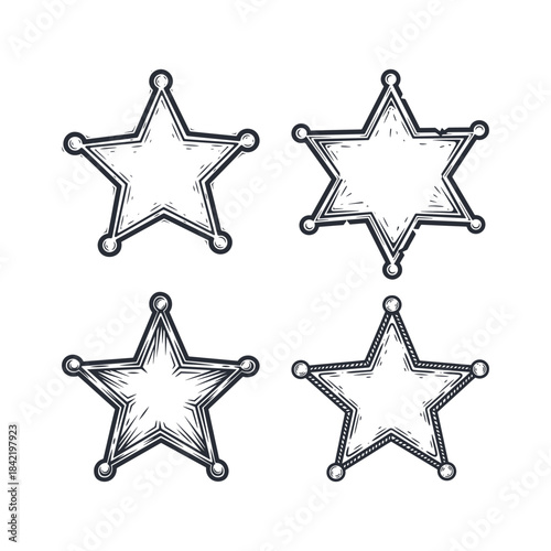 Vintage sheriff badge star emblem outline sketch engraving style set Collection.