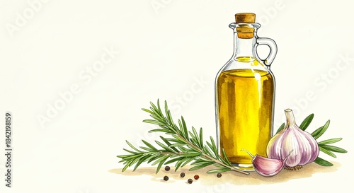 Olive oil bottle with garlic and rosemary on light background  , copy space, watercolor illustration