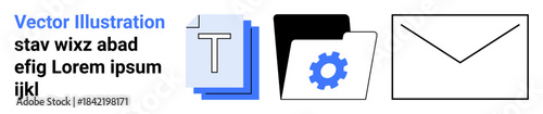 Document management, email communication, digital files, organizational tools, workflow automation, office tools. Text file, folder with settings gear and envelope icons. Document management