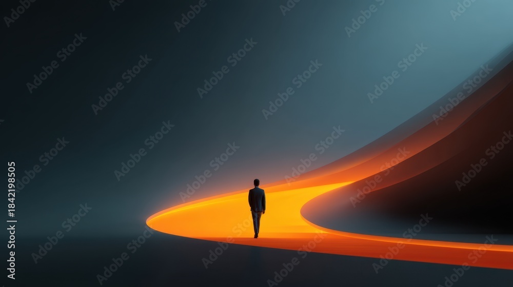Fototapeta premium A Solitary Figure Walking on a Vibrant Orange Pathway in a Minimalist and Abstract Space under a Deep Blue Sky