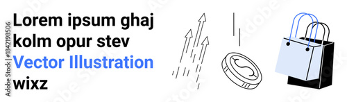 E-commerce, market growth, investment gains, shopping, online transactions, retail business. Shopping bag, coin upward arrows. E-commerce and market growth concept