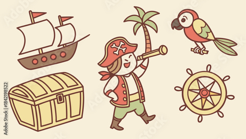 Cute Pirate Adventure Icons Set – Kids Treasure Island Vector, Cartoon Sea Elements Collection