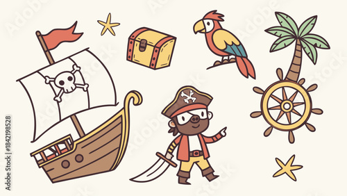 Cute Pirate Adventure Icons Set – Kids Treasure Island Vector, Cartoon Sea Elements Collection