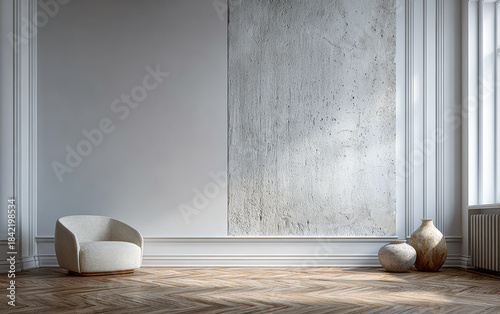 Modern interior space with a chair, vases, and a textured wall in natural light