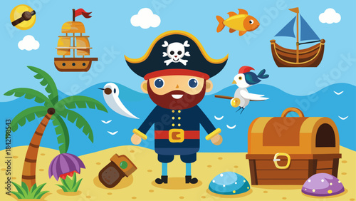 Cute Pirate Adventure Icons Set – Kids Treasure Island Vector, Cartoon Sea Elements Collection