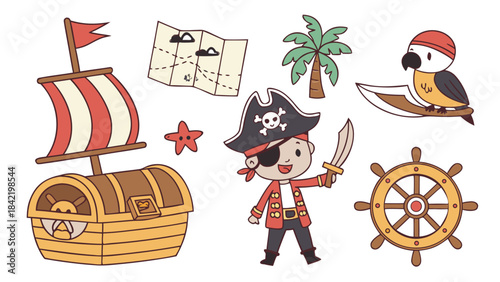 Cute Pirate Adventure Icons Set – Kids Treasure Island Vector, Cartoon Sea Elements Collection