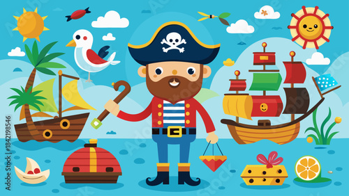 Cute Pirate Adventure Icons Set – Kids Treasure Island Vector, Cartoon Sea Elements Collection