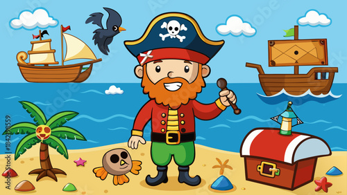 Cute Pirate Adventure Icons Set – Kids Treasure Island Vector, Cartoon Sea Elements Collection