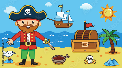 Cute Pirate Adventure Icons Set – Kids Treasure Island Vector, Cartoon Sea Elements Collection