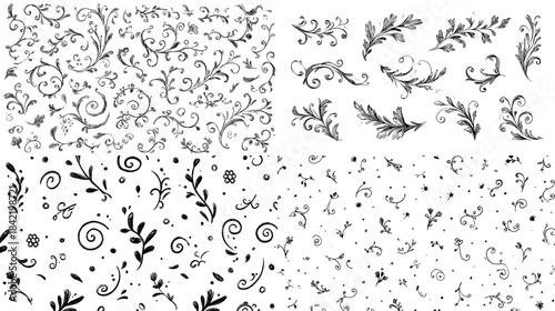 Hand drawn floral ornament collection with leaves branches and decorative elements in black line style ideal for design borders patterns and creative illustration.