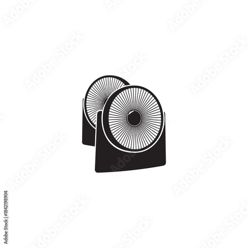 Minimalist illustration of twin circular fans with clean geometric lines, showing modern ventilation equipment in a simple monochrome style ideal for technology, climate, and industrial themes.