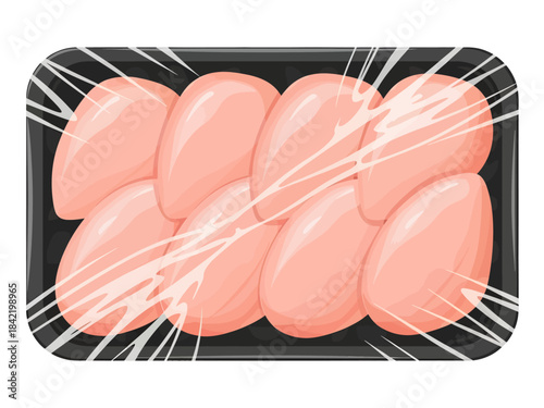 Neatly packed rows of fresh, raw chicken fillets sit inside a black styrofoam container, sealed beneath a sheet of stretched, gleaming plastic wrap in this stylized vector food illustration