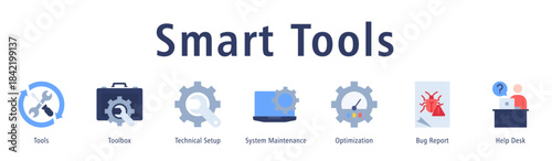Smart Tools banner with icons of Tools, Toolbox, Technical Setup, System Maintenance, Optimization, Bug Report and Help Desk.