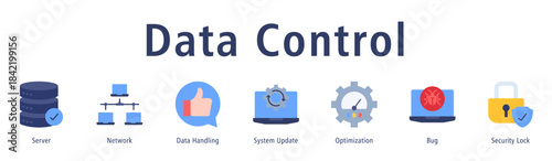 Data Control banner with icons of Server, Network, Data Handling, System Update, Optimization, Bug and Security Lock.