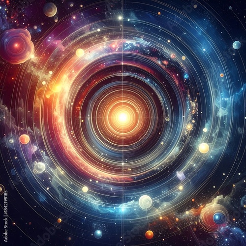 Colorful spiral galaxy with planets in a cosmic, dreamlike visual