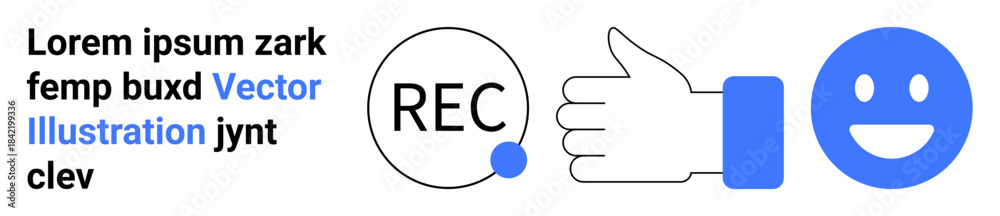 Fototapeta premium Social media engagement, content creation, multimedia editing, feedback, approval, emotion design. Thumbs up icon, recording symbol and happy face in blue tones. Social media and content creation