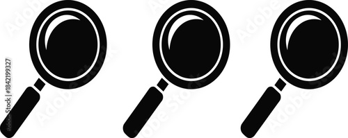 Set of three magnifying glasses black silhouette icon for research inspection analysis focus and multiple search stages