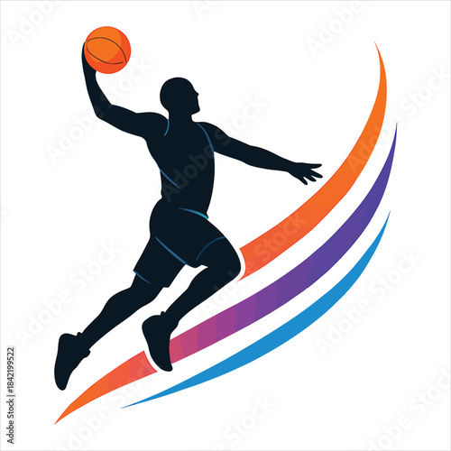 Basketball Player Dunk Silhouette with Color Swoosh Logo