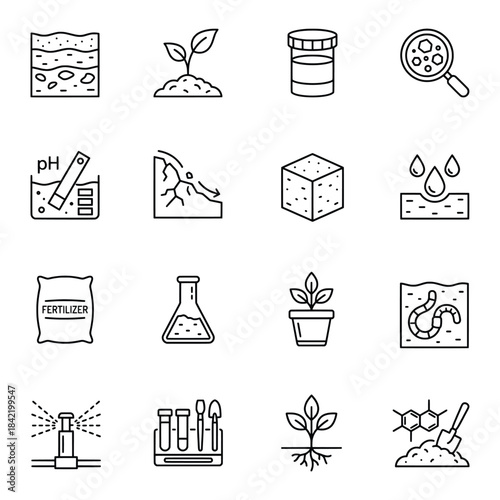 Soil science icons illustrate plant growth, nutrients, and agricultural analysis