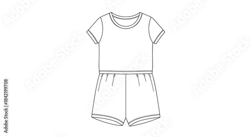 Minimalist line drawing of sleep romper isolated on white background, showcasing simple design with short sleeves and elastic waistband