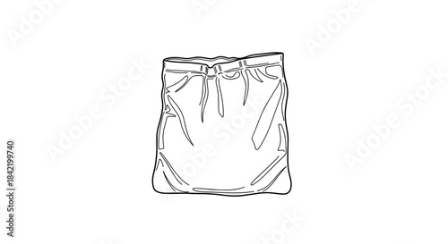 Line art of a creased pouch isolated on a white background, showcasing simple design with minimalistic style and elegant folds