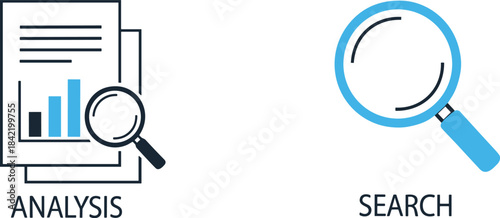 Analysis search icon set magnifying glass data research business financial report investigation vector