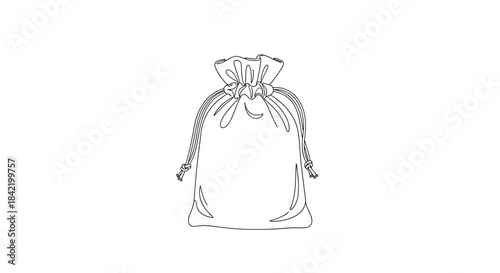 Minimalist illustration of a cotton travel pouch isolated on a white background, showcasing a simple drawstring design with elegant contours